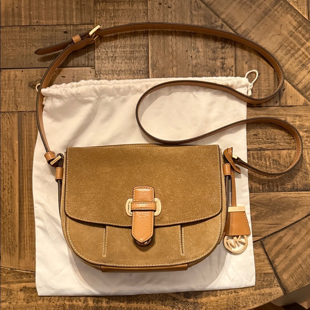 Michael Kors Romy - Suede Brown Crossbody Bag with Gold Accents